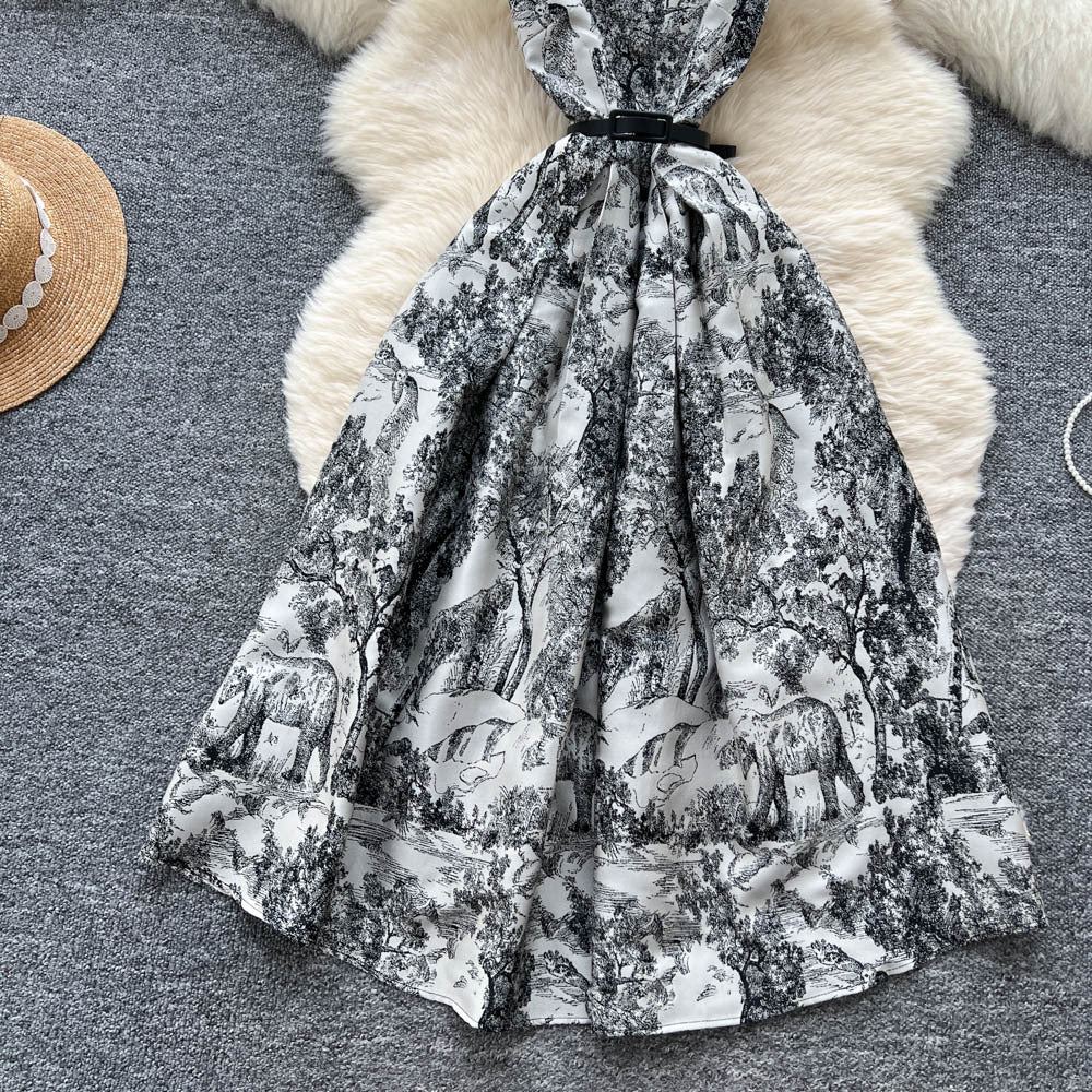 French retro high-end elegant square neck sleeveless printed dress - women's  new arrival - tie-waist maxi dress with flared skirt