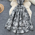French retro high-end elegant square neck sleeveless printed dress - women's  new arrival - tie-waist maxi dress with flared skirt