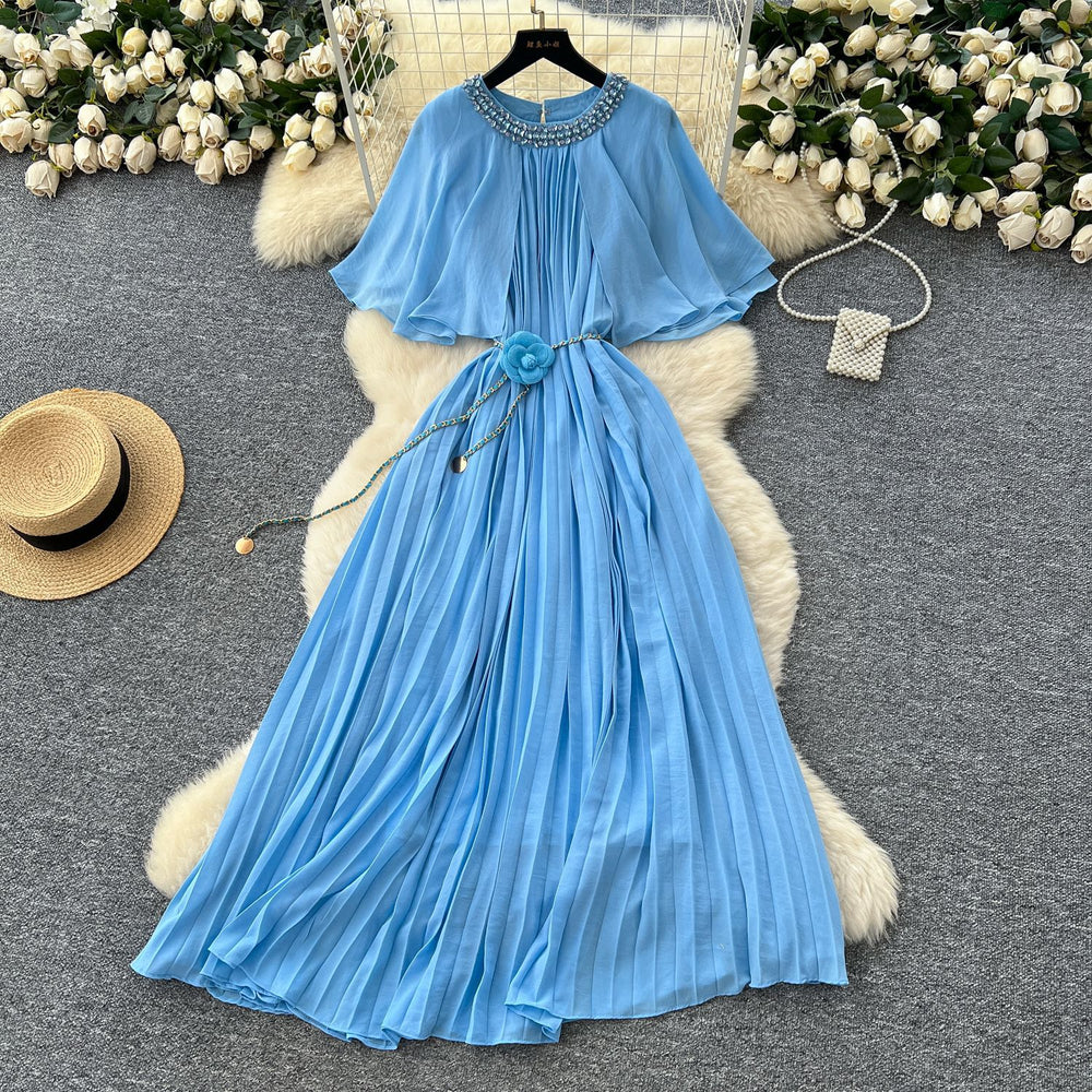 French fashion heavy industry diamond round neck shawl patchwork strap waist slimmingelegantpleated chiffon dress for women