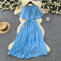 French fashion heavy industry diamond round neck shawl patchwork strap waist slimmingelegantpleated chiffon dress for women