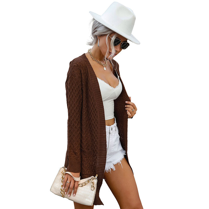Independent Station Cross-border New European and American Fashion Women's Clothing Solid Color Medium and Long Sleeve Twist Sweater Cardigan