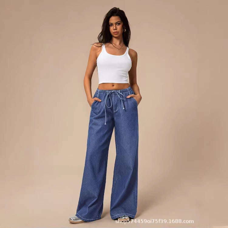 Amazon tiktok pinduoduo export cross-border fashion drawstring elastic waist wide leg jeans women's summer thin style