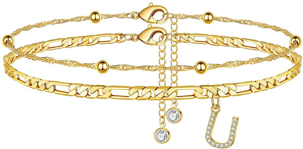 export hot-selling 26-letter anklet, zircon letter anklet, minimalist fashion seed bead cuban double-layer anklet