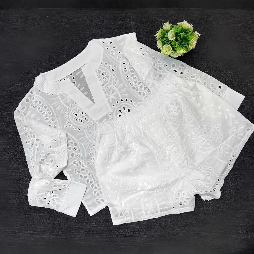European and american cross-border women's fashion  spring new arrival: solid color long sleeve v-neck top and waist-cinching shorts casual two-piece set