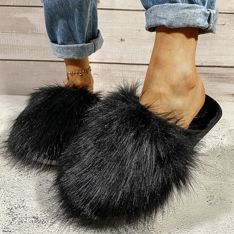 2024fall and winter imitation fox fur k-style baotouflats slippers popular same style outwear fur half slippers for women wholesale