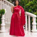 D407 independent station export women's clothing  new one-shoulder pleated long skirt oblique collar waist dress fashiondress
