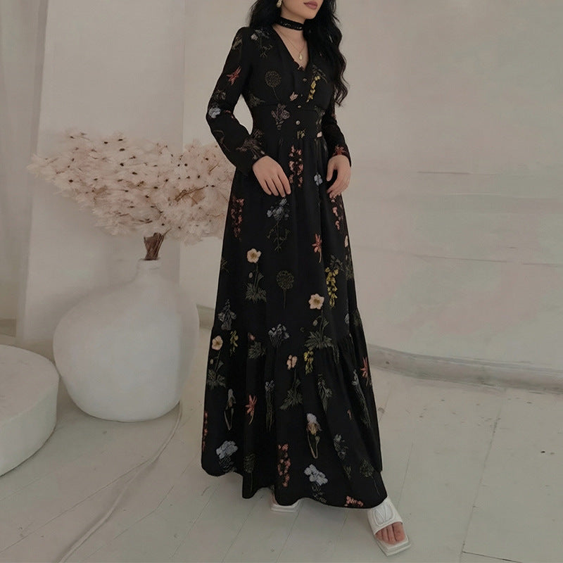 summer new women's clothing: cross-border european and american style dress - casual fashion printed a-line long sleeve dress