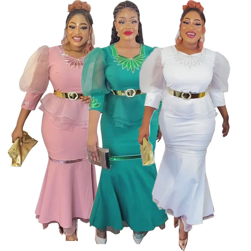 supply of african women's clothing, lotus leaf organza puff sleeve tops and skirt embroidered sequinsuit special price