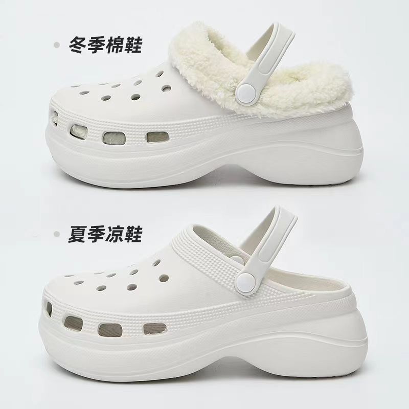 Detachable fleece-lined clogs for women, autumn/winter, girly high-heeled cute student anti-slip cotton slippers, fuzzy cotton shoes
