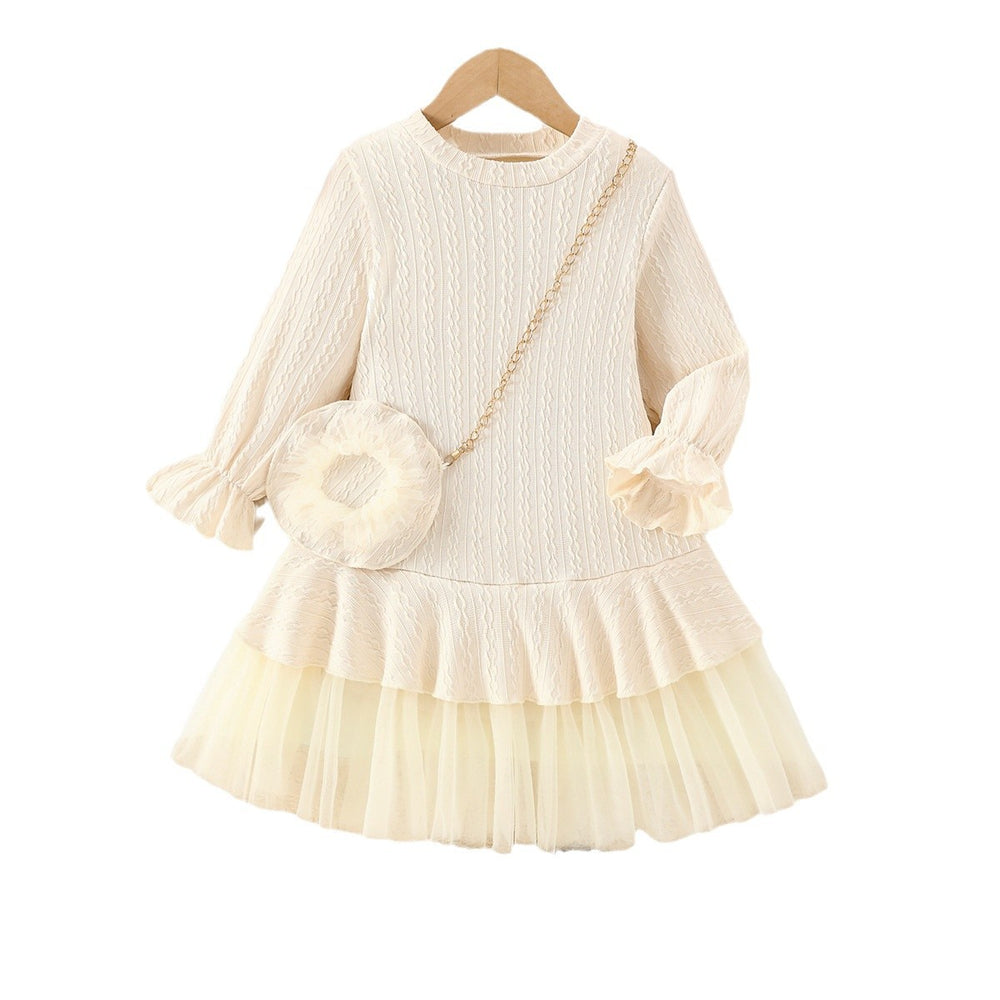 autumn girls' knitted dress with tulle lace trim, off-white, cute baby girl long-sleeve crew neck dress