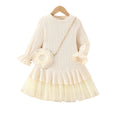 autumn girls' knitted dress with tulle lace trim, off-white, cute baby girl long-sleeve crew neck dress