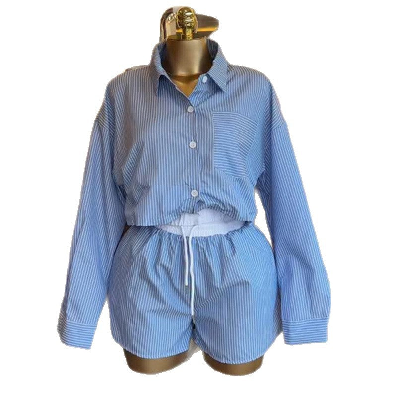 European and american women's clothing  autumn new collection: sweet and fresh striped turn-down collar long-sleeve shirt and drawstring waist shorts two-piece set
