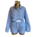 European and american women's clothing  autumn new collection: sweet and fresh striped turn-down collar long-sleeve shirt and drawstring waist shorts two-piece set