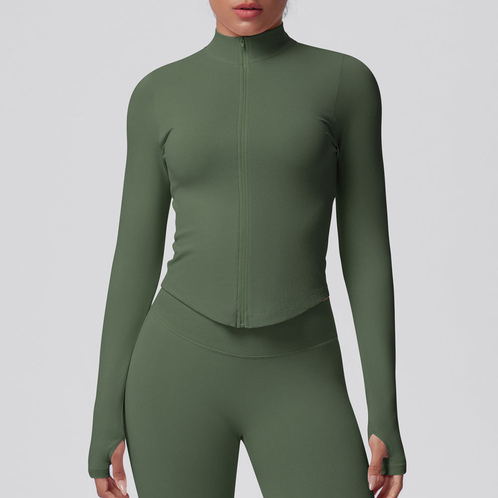 seamless pure color tight high elastic breathable stand collar zipper outwear sports running fitness yoga wear tops for women