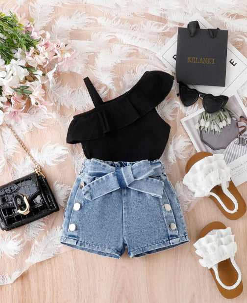 new cross-border fashion: european and american summer girls' one-shoulder cami top + denim butterfly shorts three-piece set