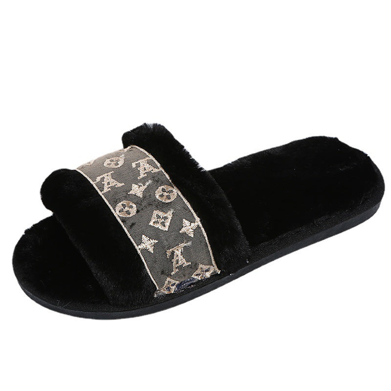 Women's fuzzy slippers - new autumn/winter fashion, letter print thong slippers, home indoor plush wooden floor slippers, warm cotton slippers, plus size available