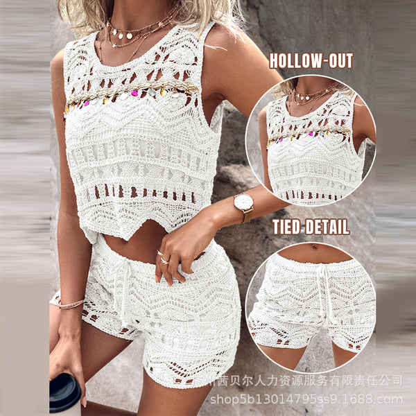 ODL2031 European and American  sleeveless top + shorts woven vacation set 2-piece set