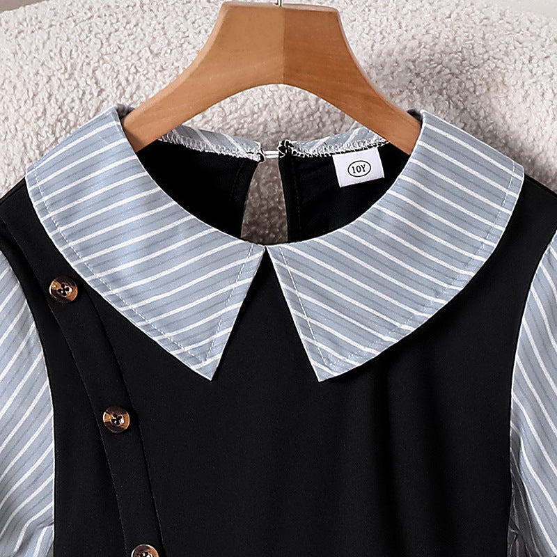 Children's clothing  spring and summer new arrival cross-border girldresscasualstripes lapel patchwork short-sleeved waist shirt skirt