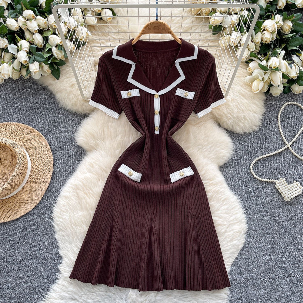 French chic chanel-inspired color block knit dress with peter pan collar, metal buckle waist, and slimming fit