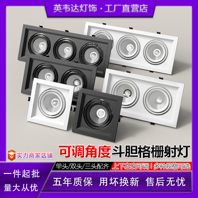 Led grille light double head three head square downlight mesh grape rack aluminum embedded commercial bold light cob spotlight