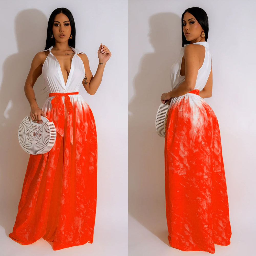 Fashion women's c6351 cross-border   european and american printing sleeveless v neck strap wide leg pants jumpsuit