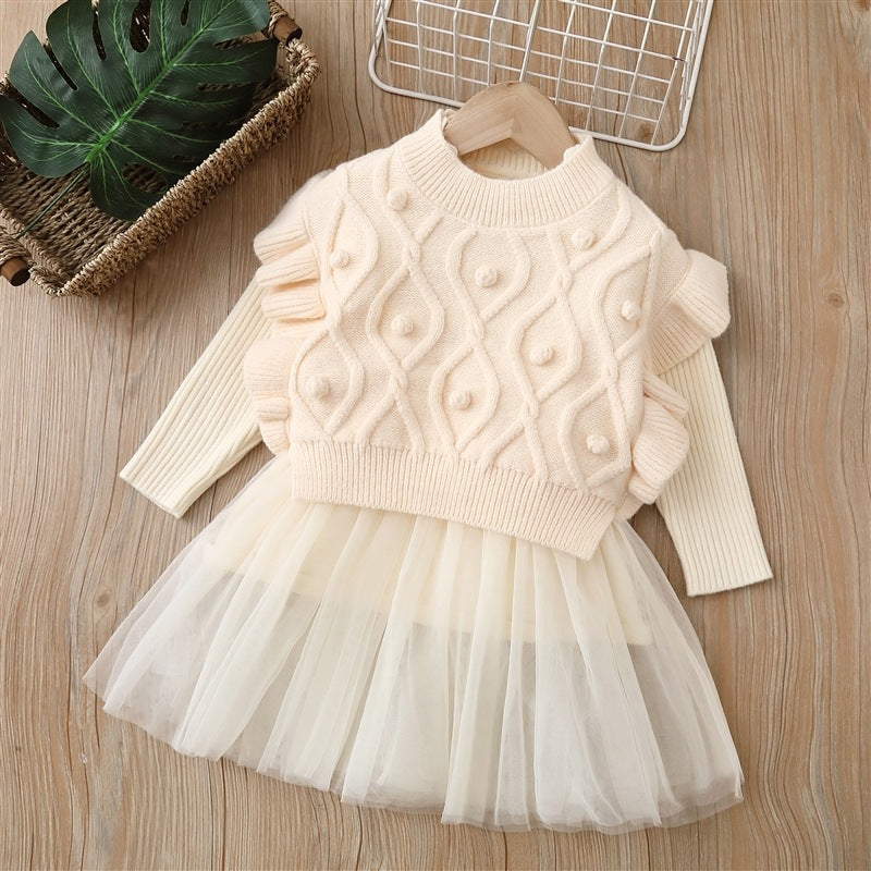 Winter kids' sweater dress set: girls' princess dress with vest - two-piece outfit for baby girls, princess style