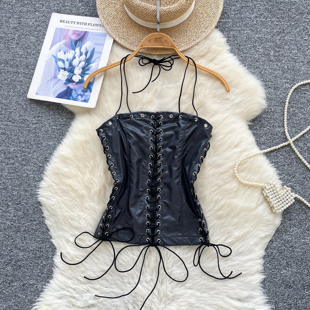 European and american pure lust style sling tube top vest women's summer strap waist pu leather retro fried street hot girl tops trendy