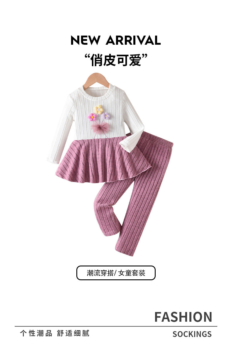 girls' knitted set: white ribbed top with ruffle and floral detail, purple pants - autumn two-piece outfit for kids