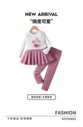 girls' knitted set: white ribbed top with ruffle and floral detail, purple pants - autumn two-piece outfit for kids