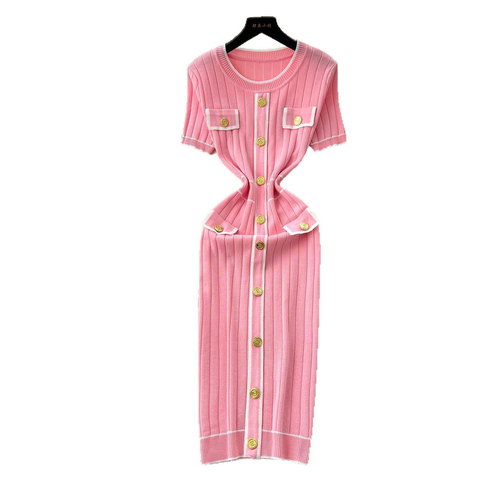 Xiaoxiangfengclassyfashionablecontrast colormetal bucklesilmslimming lookdress women's summer waistelegantsweater skirt