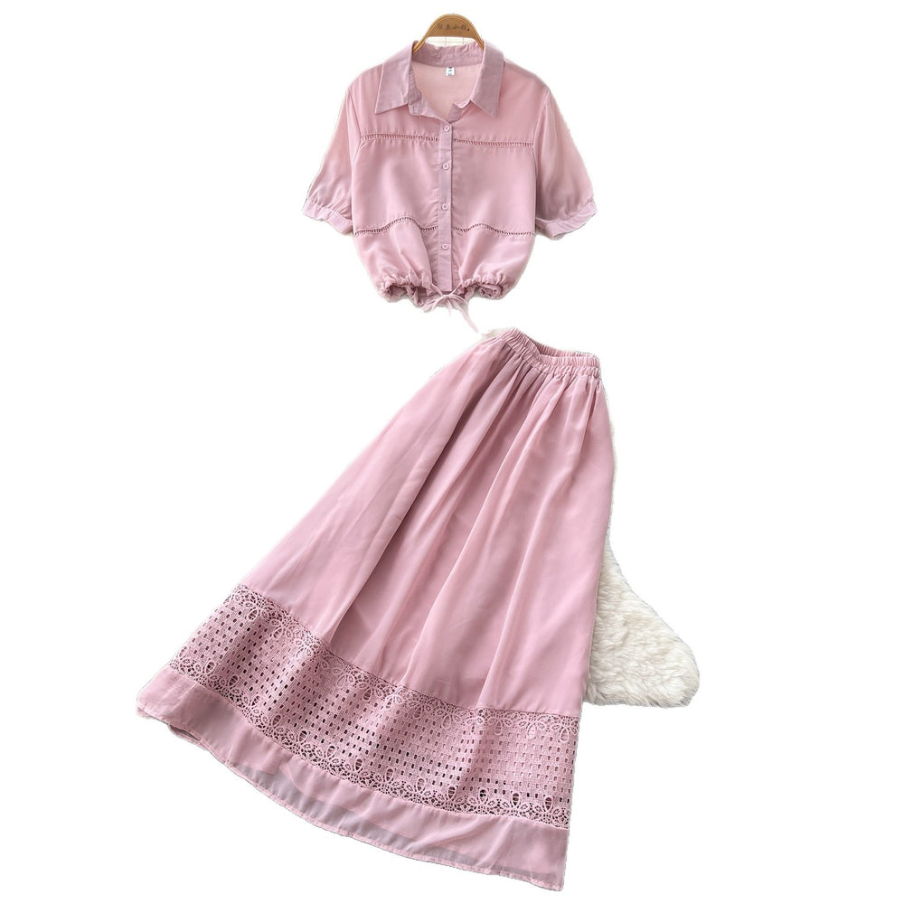 Dopamine red lace cutout blouse and skirt two-piece set - women's summer commute style slim fit outfit - new  collection