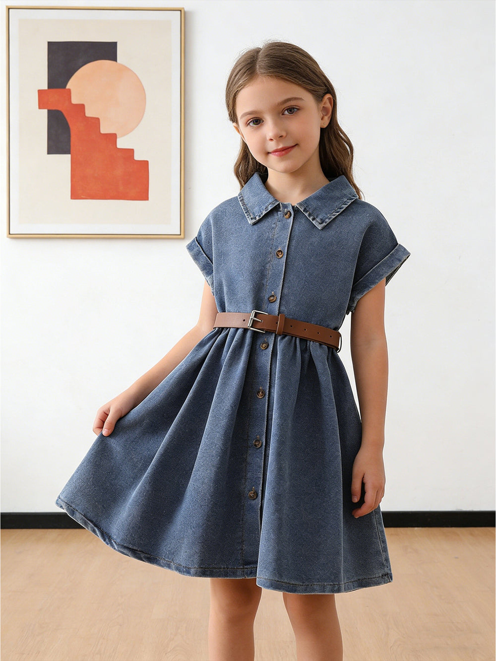 hot-selling girls' a-line denim washed dress with turn-down collar - cross-border exclusive