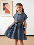 hot-selling girls' a-line denim washed dress with turn-down collar - cross-border exclusive