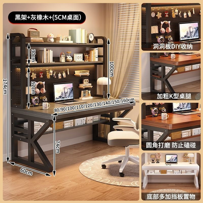 Thickened solid wood desk computer desk for home hole desk bookshelf table all-in-one combination student bedroom office desk