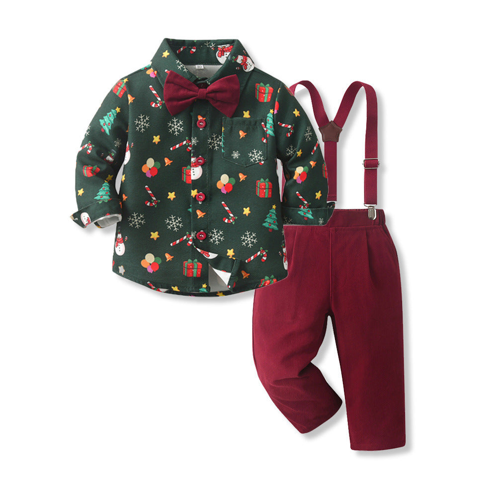 Boys' suit set - new export style, kids' christmas gentleman outfit, long-sleeve plaid shirt, autumn/winter green overalls