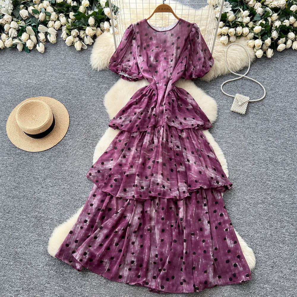 French sweet style purple polka dot a-line dress - women's summer korean style puff sleeve high waist tiered dress - slimming