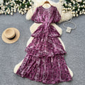 French sweet style purple polka dot a-line dress - women's summer korean style puff sleeve high waist tiered dress - slimming