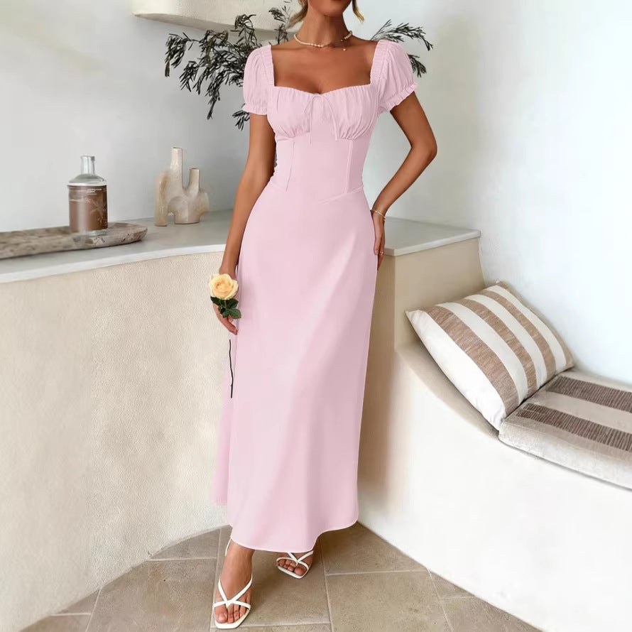 european and american cross-border new solid color fashion bandage pink dress