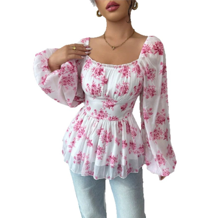 Export  cross-border women's clothing fresh and sweet fall and winter square neck puff sleeve popular floral long-sleeved tops