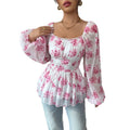 Export  cross-border women's clothing fresh and sweet fall and winter square neck puff sleeve popular floral long-sleeved tops