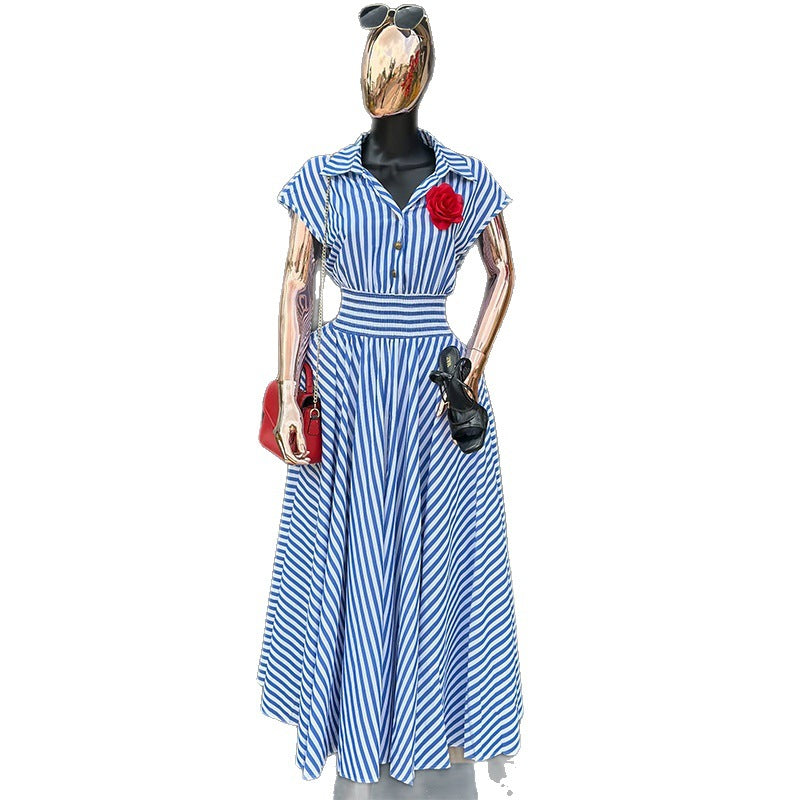 European and american cross-border women's spring  new arrival: elegant and chic striped high-waisted midi dress with turn-down collar and short sleeves