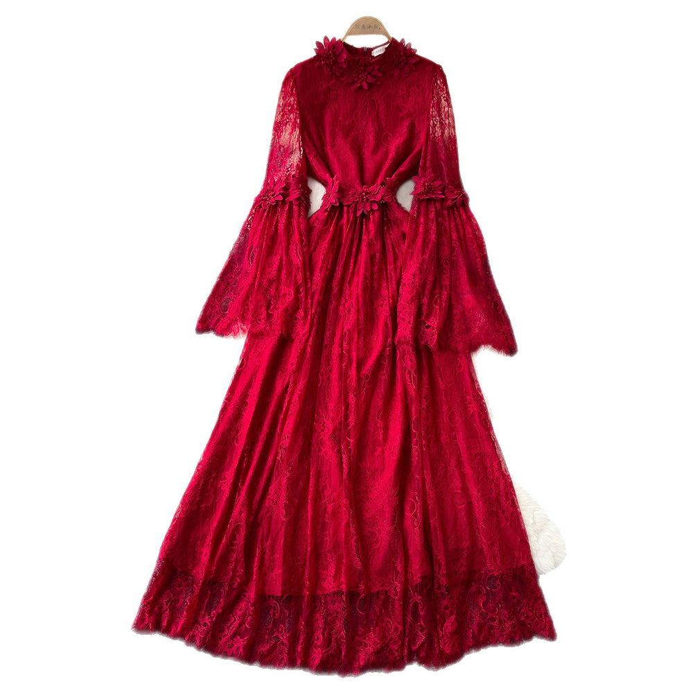 French romantic red lace dress - women's long sleeve a-line maxi dress - elegant, slimming, and flowy