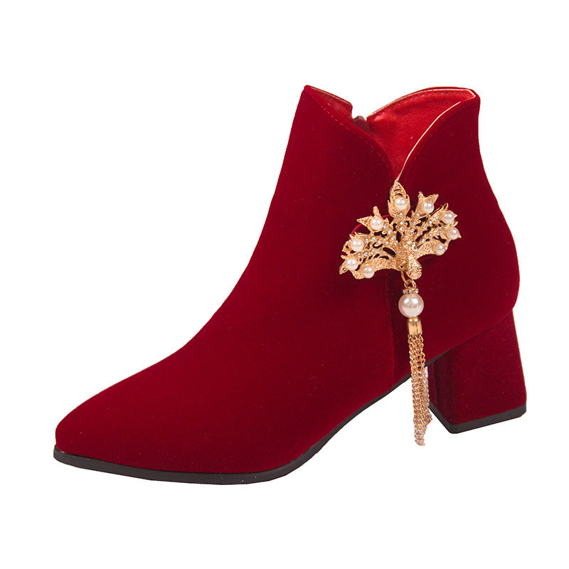 2024fall and winternew arrival thick heel fashion short boots engagement toast red bridal boots xiuhe chinoiserie high heel wedding boots for women