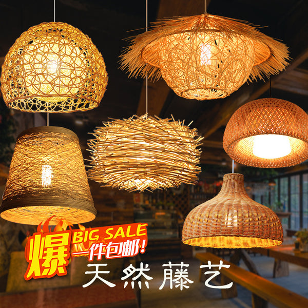 Rattan art chandelier round bird's nest house straw hat bamboo weaving lamp creative pastoral Japanese retro balcony restaurant lamp