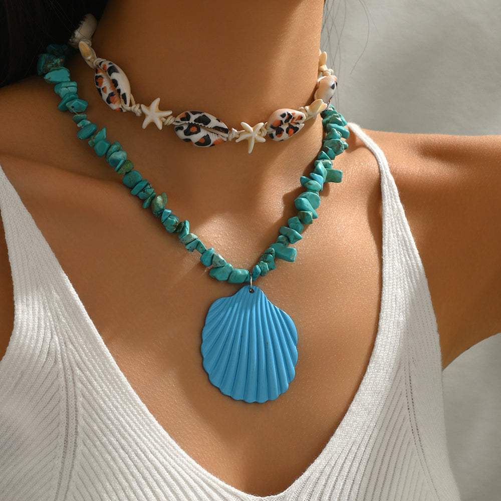 European and american cross-border fresh and sweet blue shell pendant necklace casual vacation summer shell layered clavicle chain for women
