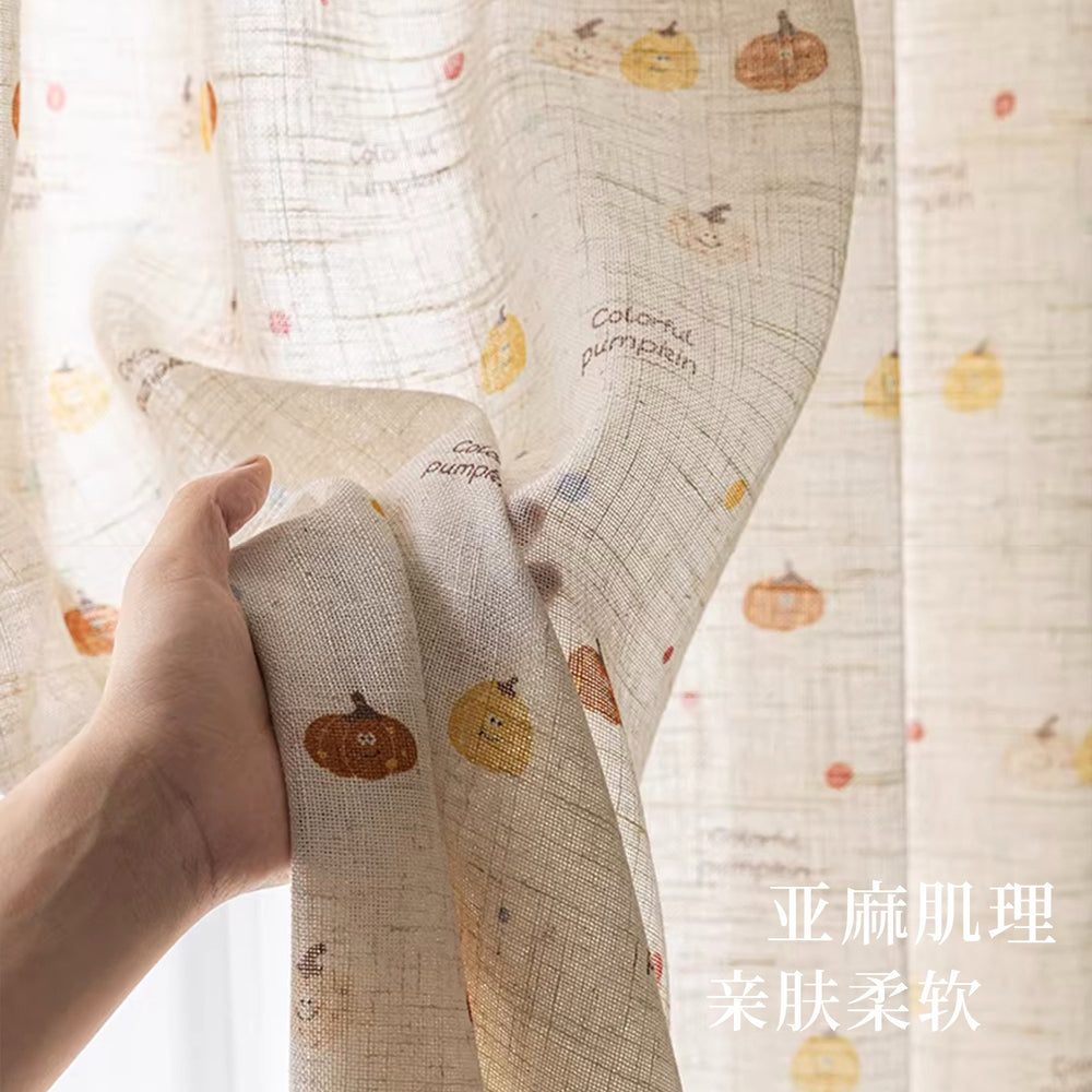 2026 new children's room curtains - cute pumpkin dopamine print linen candy bean cream bay window bedroom sheer curtains