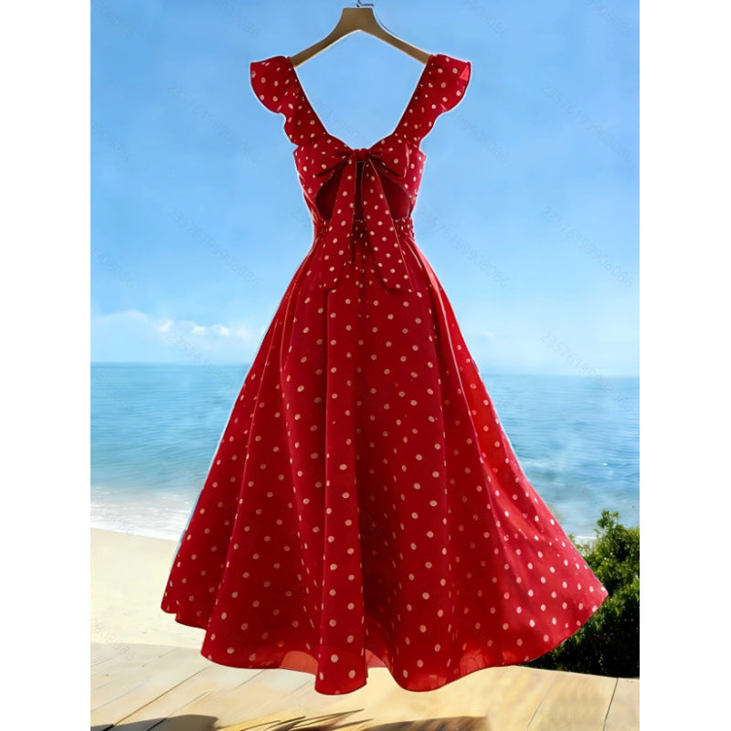 Women's summer casual elegant polka dot print v-neck ruffle trim pleated bow tie waist long maxi dress