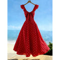 Women's summer casual elegant polka dot print v-neck ruffle trim pleated bow tie waist long maxi dress