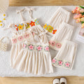 26 summer crochet flower suspender + casual shorts girl cotton and linen western style children's clothing suit wholesale in stock