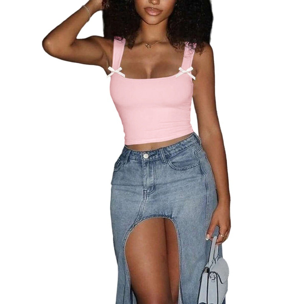 Exportfashion cross-border pink bows decorative camisole women's short silmsweet inner wear tops